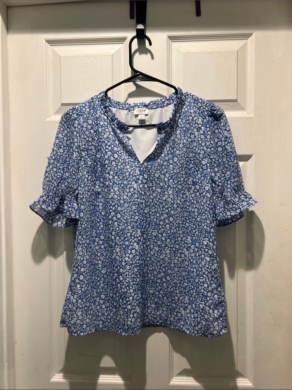 J. Crew Blue Floral Ruffle-Sleeve V-Neck Blouse